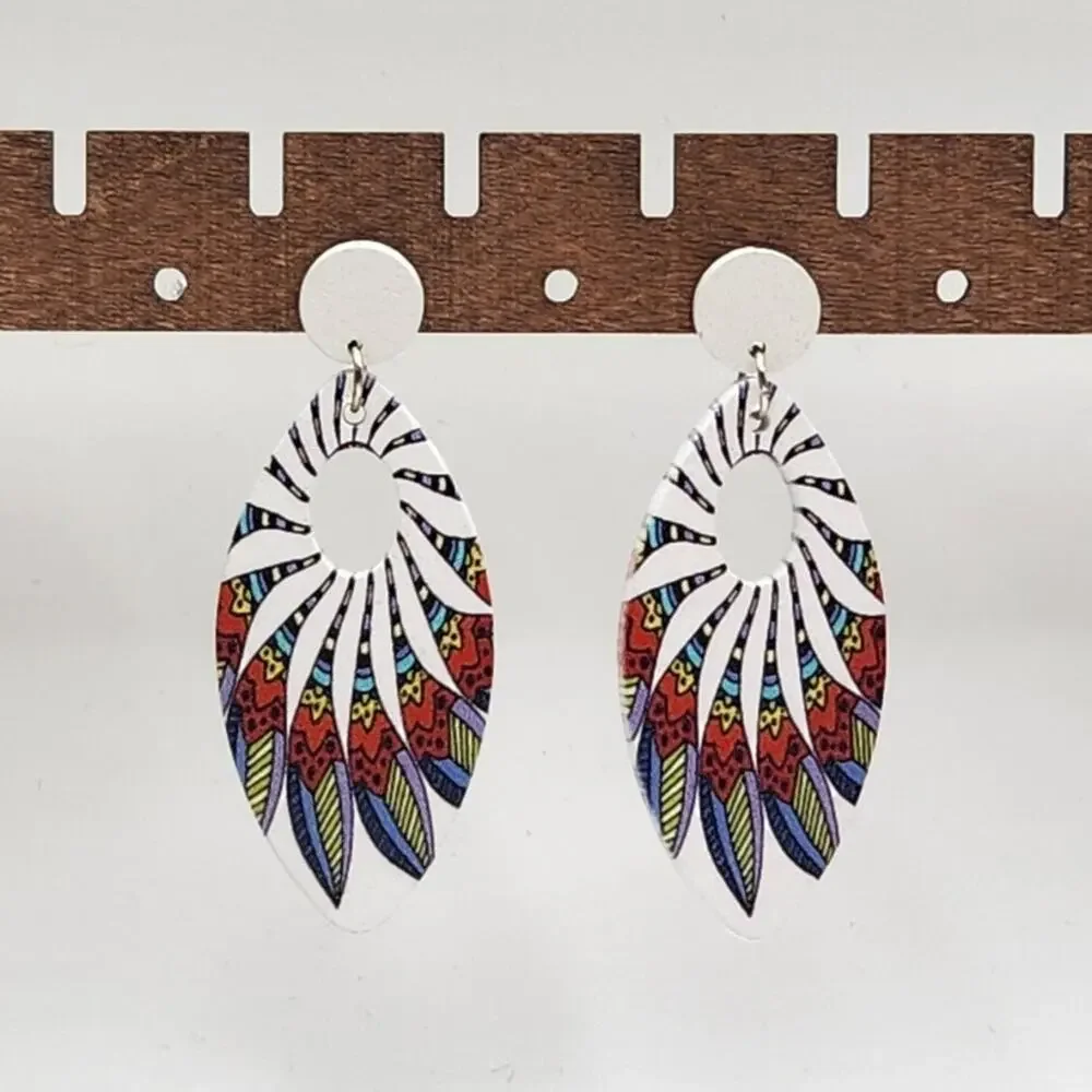 Boho Oval Open Hoop Geometric Swirl Pattern Dangle Statement Earrings